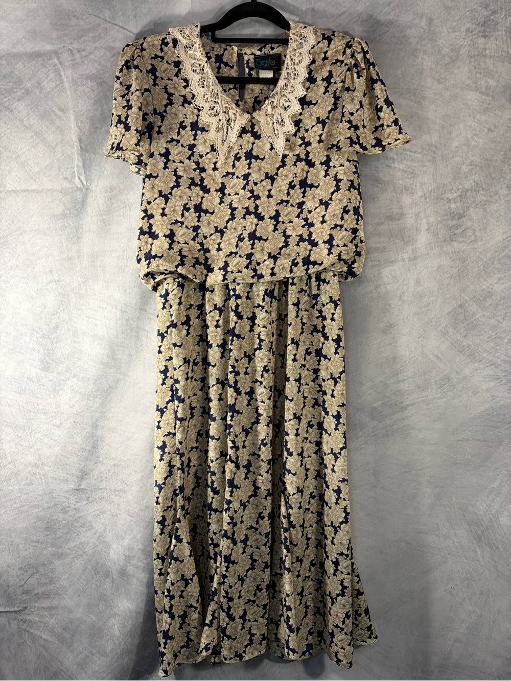 Vintage Starlo Floral Midi Dress Lace Collar Navy Cream Cottagecore USA 7/8